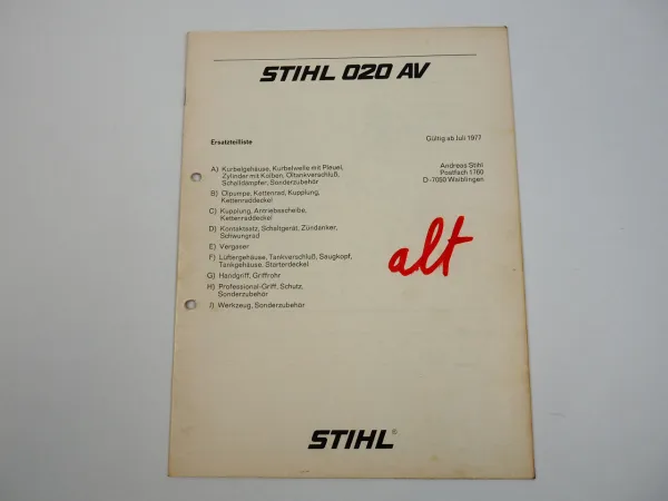 Stihl 020 AV Kettensäge Motorsäge Ersatzteilliste Ersatzteilkatalog 07/1977