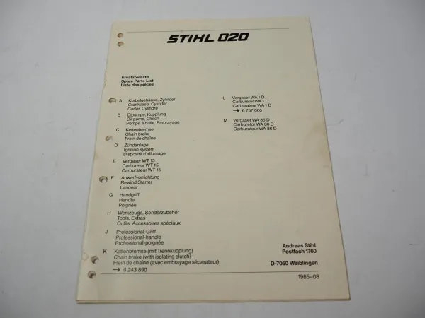 Stihl 020 Kettensäge Ersatzteilliste Spare Parts List Liste des pieces 1985