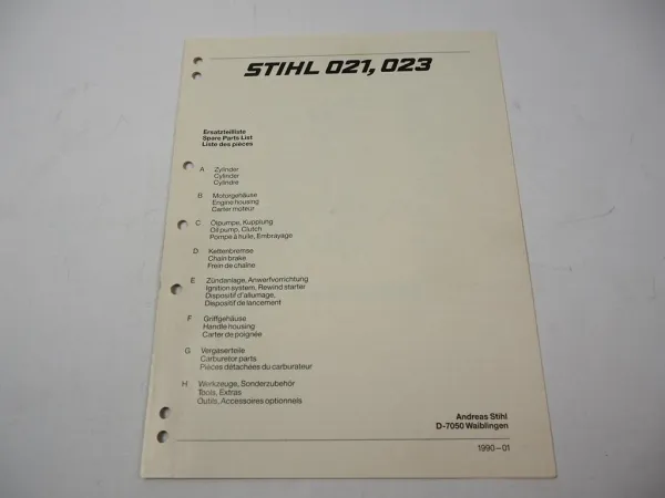 Stihl 021 023 Kettensäge Ersatzteilliste Spare Parts List Liste des pieces 1990