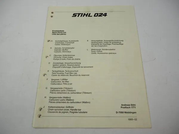 Stihl 024 Kettensäge Ersatzteilliste Spare Parts List Liste des pieces 1988
