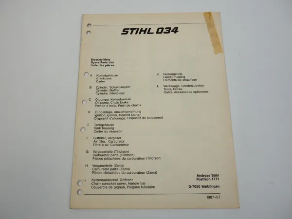 Stihl 034 Kettensäge Motorsäge Ersatzteilliste Ersatzteilkatalog 07/1987