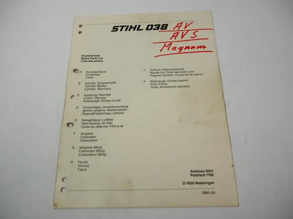 Stihl 038 Kettensäge Ersatzteilliste Spare Parts List Liste des pieces 1986