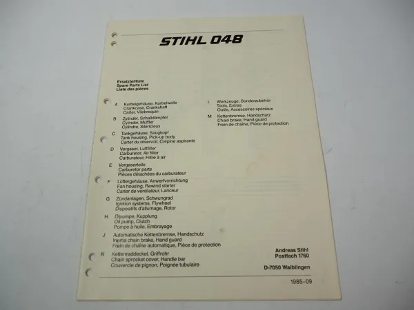 Stihl 048 Kettensäge Ersatzteilliste Spare Parts List Liste des pieces 1985