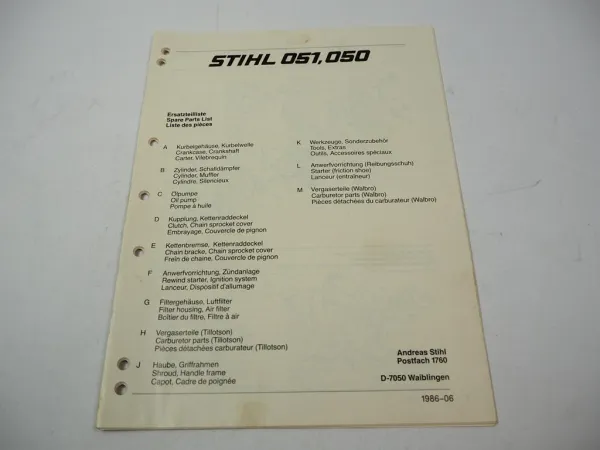 Stihl 050 051 Kettensäge Ersatzteilliste Spare Parts List Liste des pieces 1986
