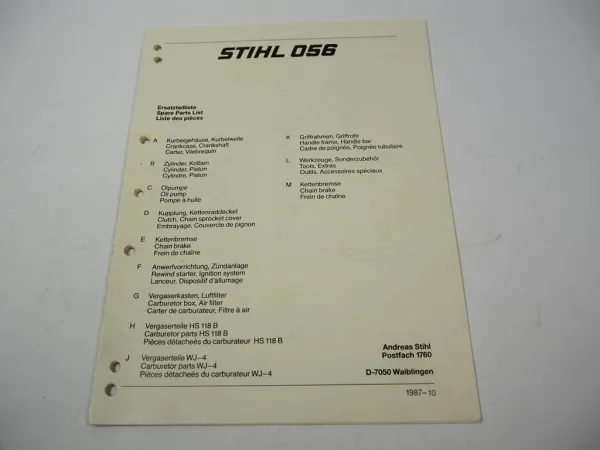 Stihl 056 Kettensäge Ersatzteilliste Spare Parts List Liste des pieces 1987
