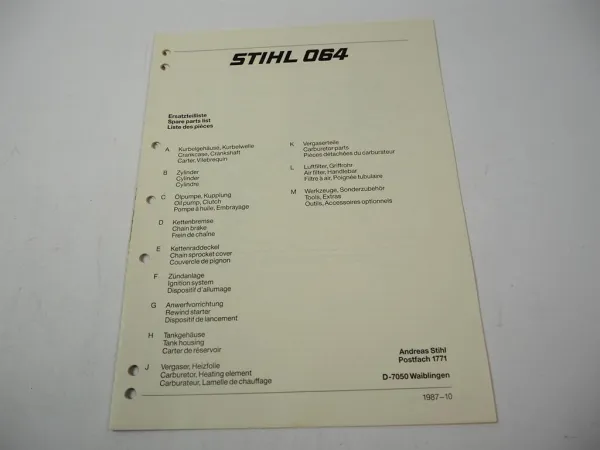 Stihl 064 Kettensäge Ersatzteilliste Spare Parts List Liste des pieces 1987