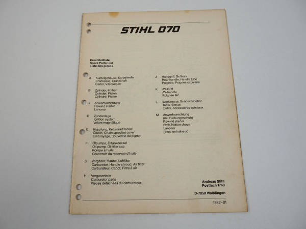 Stihl 070 Kettensäge Motorsäge Ersatzteilliste Ersatzteilkatalog 01/1982