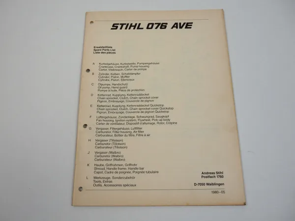 Stihl 076 AVE Kettensäge Motorsäge Ersatzteilliste Ersatzteilkatalog 05/1980