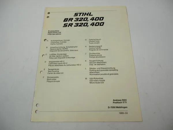 Stihl BR SR 320 400 Laubbläser Ersatzteilliste Spare Parts List Liste pieces 89