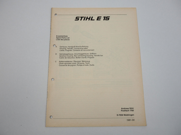 Stihl E15 Motorsäge Ersatzteilliste Spare Parts List 1981