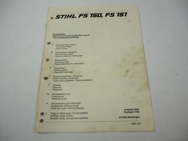 Stihl FS 150 151 Freischneider Ersatzteilliste Spare Parts List Liste pieces 82