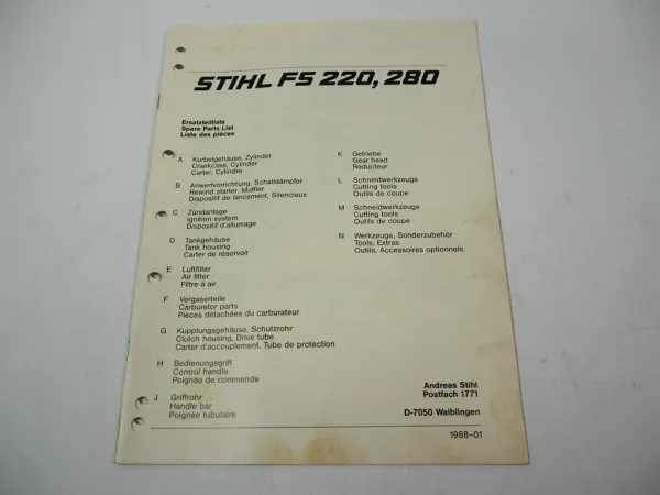 Stihl FS 220 280 Freischneider Ersatzteilliste Spare Parts List Liste pieces 88