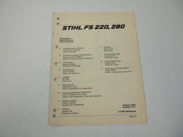 Stihl FS 220 280 Motorsense Ersatzteilliste Ersatzteilkatalog Parts List 1988