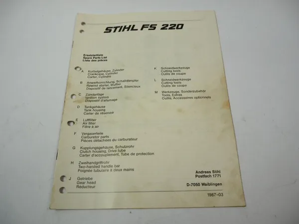 Stihl FS 220 Freischneider Ersatzteilliste Spare Parts List Liste pieces 1987
