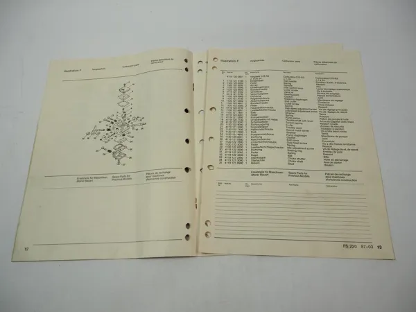 Stihl FS 220 Freischneider Ersatzteilliste Spare Parts List Liste pieces 1987