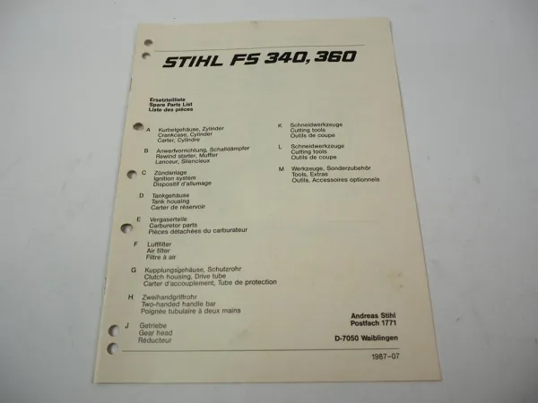 Stihl FS 340 360 Freischneider Ersatzteilliste Spare Parts List Liste pieces 87