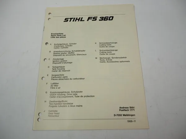 Stihl FS 360 Freischneider Ersatzteilliste Spare Parts List Liste des pieces 88