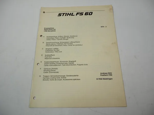 Stihl FS 60 Freischneider Ersatzteilliste Spare Parts List Liste des pieces 1979