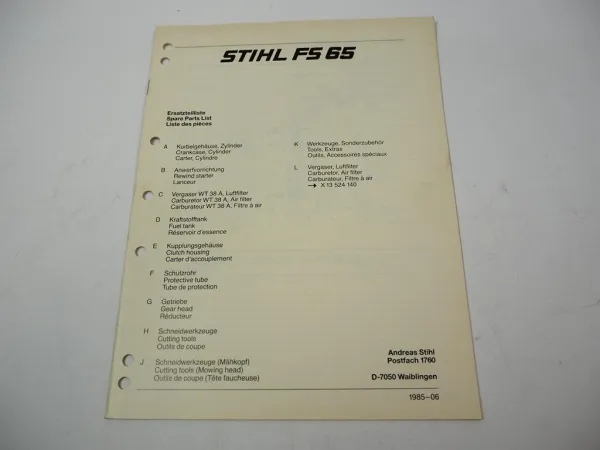 Stihl FS 65 Freischneider Ersatzteilliste Spare Parts List Liste des pieces 1985