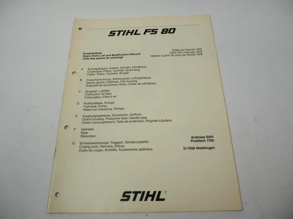 Stihl FS 80 Freischneider Ersatzteilliste Spare Parts List Liste des pieces 1979