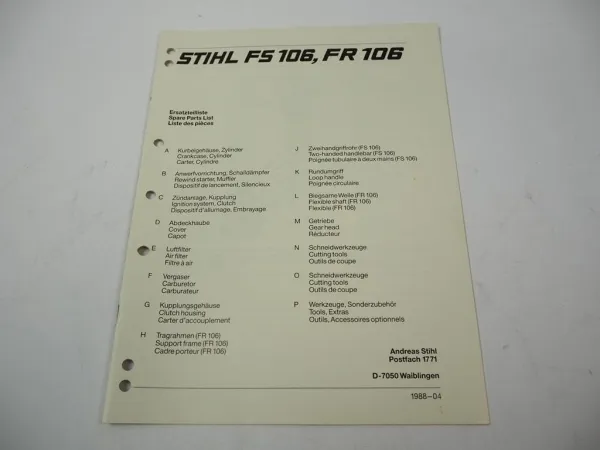 Stihl FS FR 106 Freischneider Ersatzteilliste Spare Parts List Liste pieces 1988