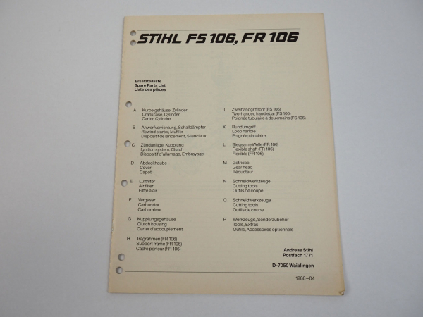 Stihl FS106 FR106 Freischneider Ersatzteilliste Spare Parts List 1988
