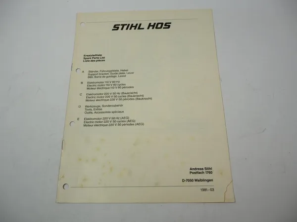 Stihl HOS Schärfgerät Ersatzteilliste Spare Parts List Liste des pieces 1981