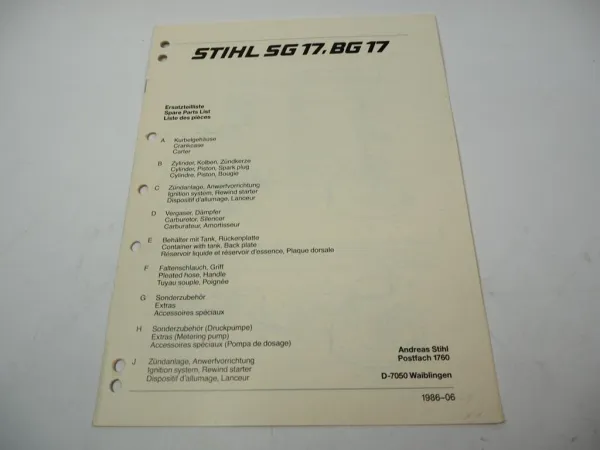 Stihl SG 17 Spühgerät BG 17 Laubbläser Ersatzteilliste Spare Parts List 1986