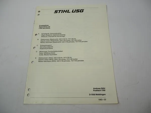 Stihl USG Universal Schärfgerät Ersatzteilliste Spare Parts List Liste pieces 83