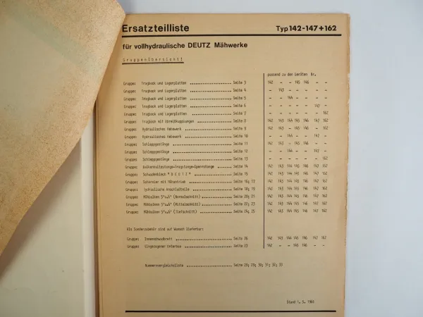 Stockey & Schmitz Typ 142 - 147 162 Mähwerk Ersatzteilliste 1968 für Deutz