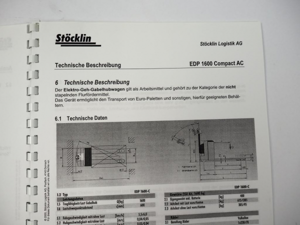 Stöcklin EDP1600-C Elektro-Hubwagen Bedienungsanleitung Ersatzteilkatalog 2000