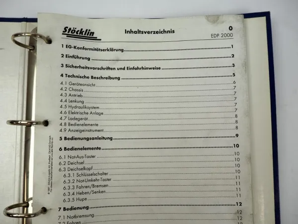 Stöcklin EDP2000 Elektro-Hubwagen Bedienungsanleitung Ersatzteilkatalog 1997