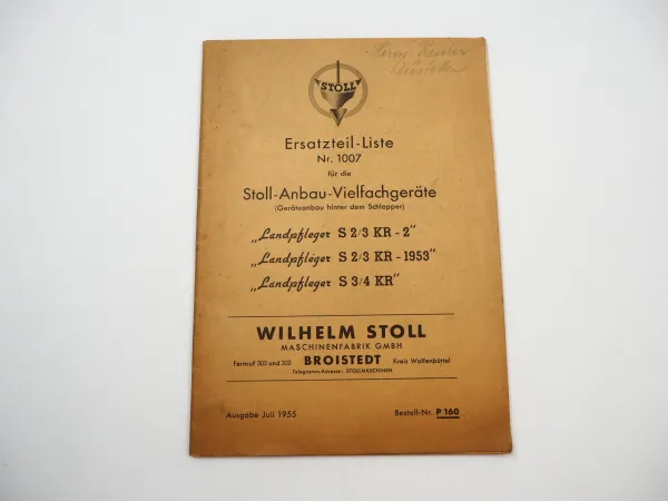 Stoll Landpfleger S2 Anbau Vielfachgerät Ersatzteilliste Nr. 1007 von 1955