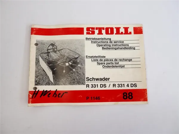 Stoll R 331 DS R 331 4 DS Schwader Betriebsanleitung Ersatzteilliste 1988