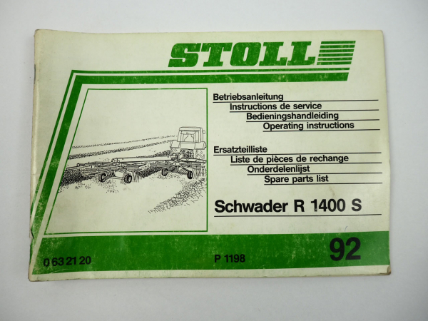 Stoll R1400S Schwader Bedienungsanleitung Ersatzteilliste 1992