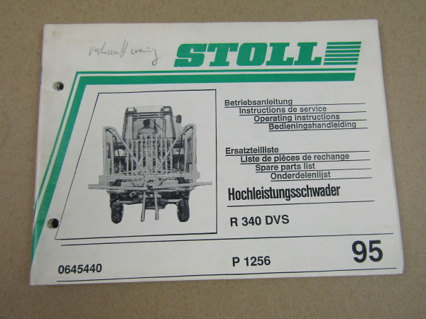 Stoll R340DVS Schwader Bedienungsanleitung und Ersatzteilliste 1995