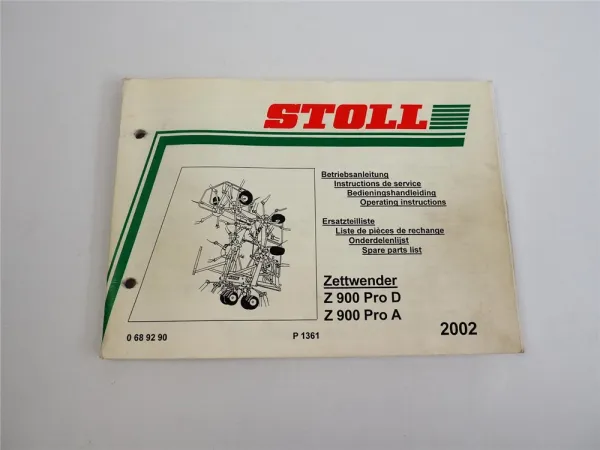 Stoll Z 900 Pro A D Zettwender Betriebsanleitung Ersatzteilliste 2002