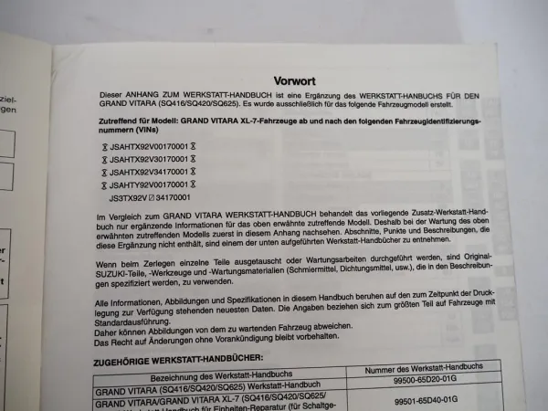 Suzuki Grand Vitara XL-7 JA621 Reparaturanleitung 2003 Nachtrag Werkstatthandbuch