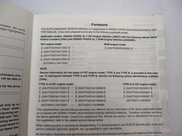 Suzuki Grand Vitara XL-7 JA627 H27 & JA420WD RHW Service Manual 2003 Supplement