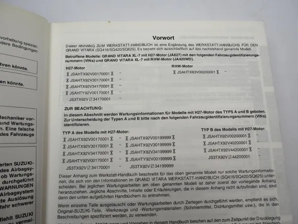 Suzuki Grand Vitara XL-7 JA627 H27 & JA420WD RHW Werkstatthandbuch 2003 Nachtrag