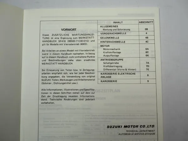 Suzuki Swift SF416 4WD Allrad Werkstatthandbuch 1989 Ergänzung Reparaturanleitung