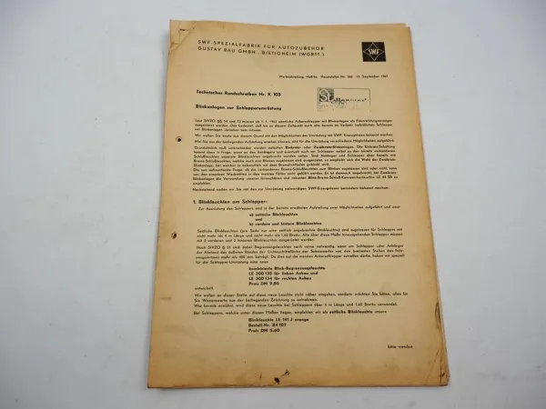 SWF Spezialfabrik für Autozubehör Rundschreiben Blinkanlagen für Schlepper 1961