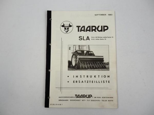 TAARUP SLA Sämaschine Drillmaschine Bedienungsanleitung Ersatzteilliste 1983