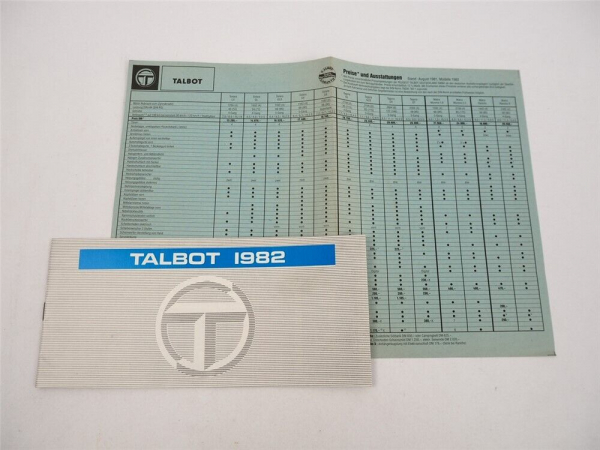 Talbot PKW Gesamtprogramm Prospekt Preisliste 1982