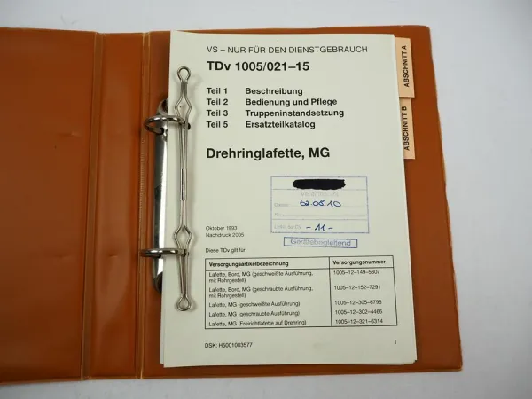 TDv 1005 Dienstvorschrift Drehringlafette MG Betriebsanleitung Ersatzteilliste