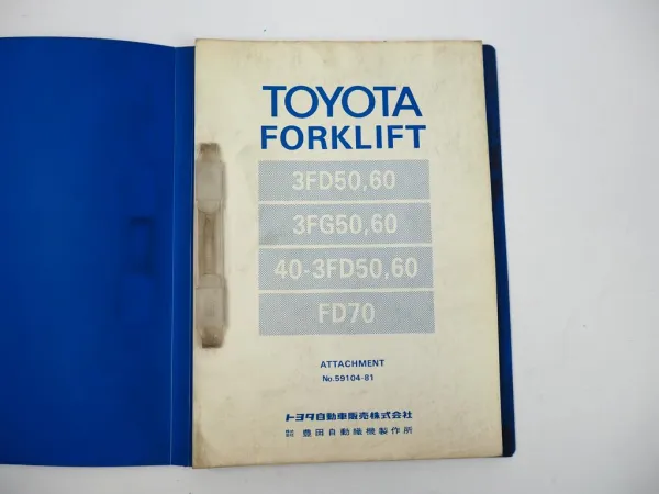 Toyota 3FD 3FG 50 60 40-3FD 50 60 FD70 Forklift Attachment Parts Catalog 1981