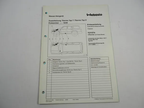 Toyota 4Runner N130 3.0 TD Einbauanleitung Webasto Thermo Top T DW50 Heizung