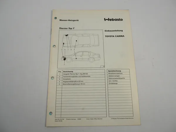 Toyota Carina E T19 2,0l GLI Einbauanleitung Webasto Thermo Top T BW50 Heizung