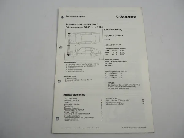 Toyota Corolla E11 Einbauanleitung Webasto Thermo Top T BW/DW50 Heizung 1997