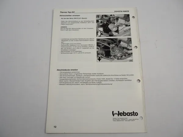 Toyota Hiace H100 MJ 97 Einbauanleitung Webasto Thermo Top Z/C-B/D Heizung 1997
